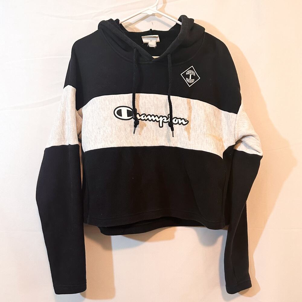 3 FOR $35! 📦 CHAMPION Striped Crop Black White Hoodie Sweatshirt Sz. S